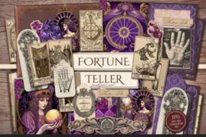 Fortune Teller purple themed tarot cards on a table