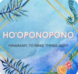 Ho'oponopono word on a background of blue mountains and sky